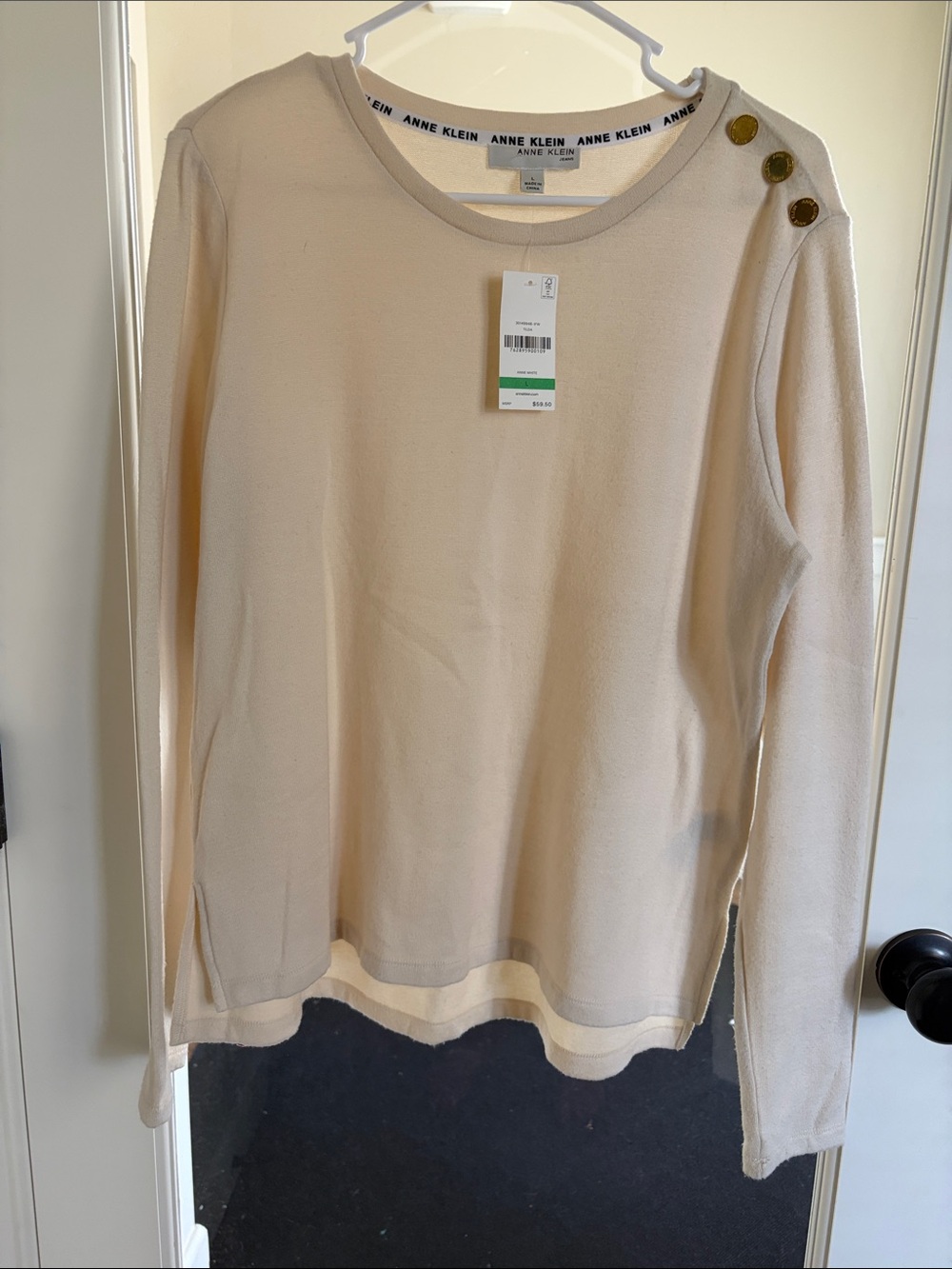 Anne Klein Neutral Cream Crewneck Sweater with Shoulder Buttons